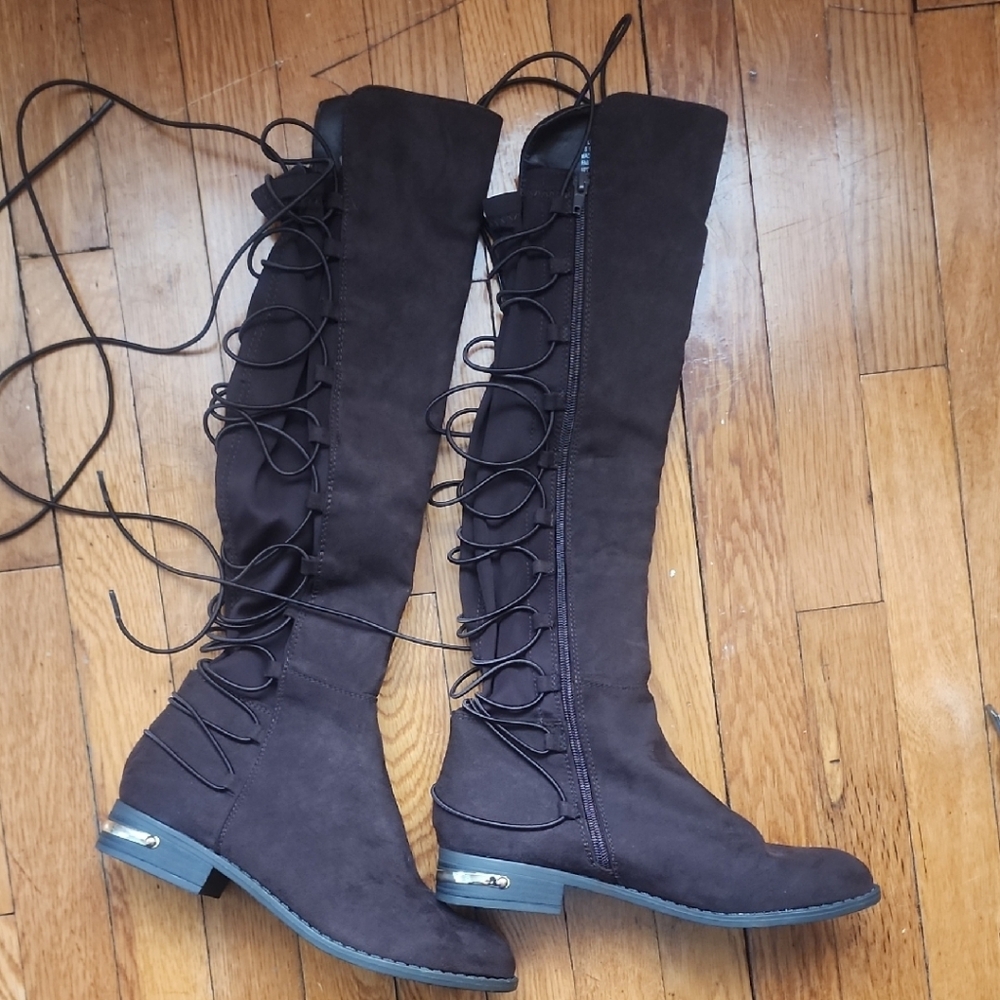 Celeste Brown Over the Knee Boots Lace-Up Style